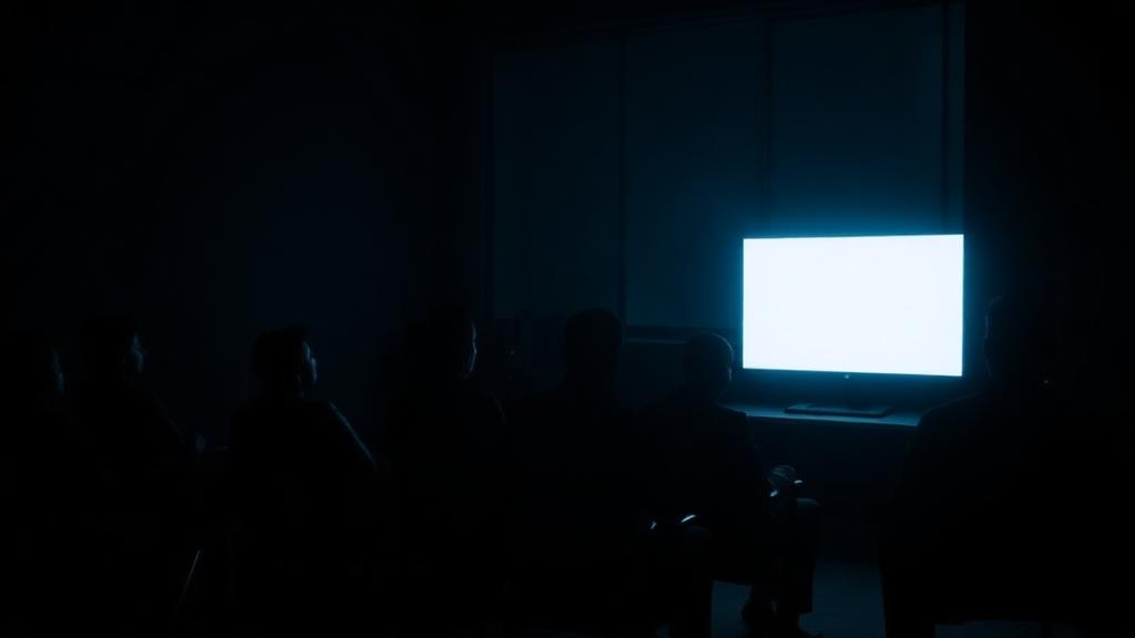 A dark room, chairs turned toward one glowing screen, figures in silhouette.