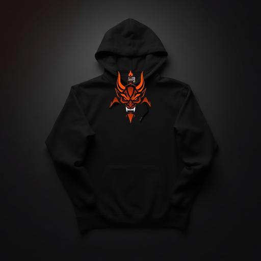 Black house hoodie with the orange B3 devil sigil on the chest